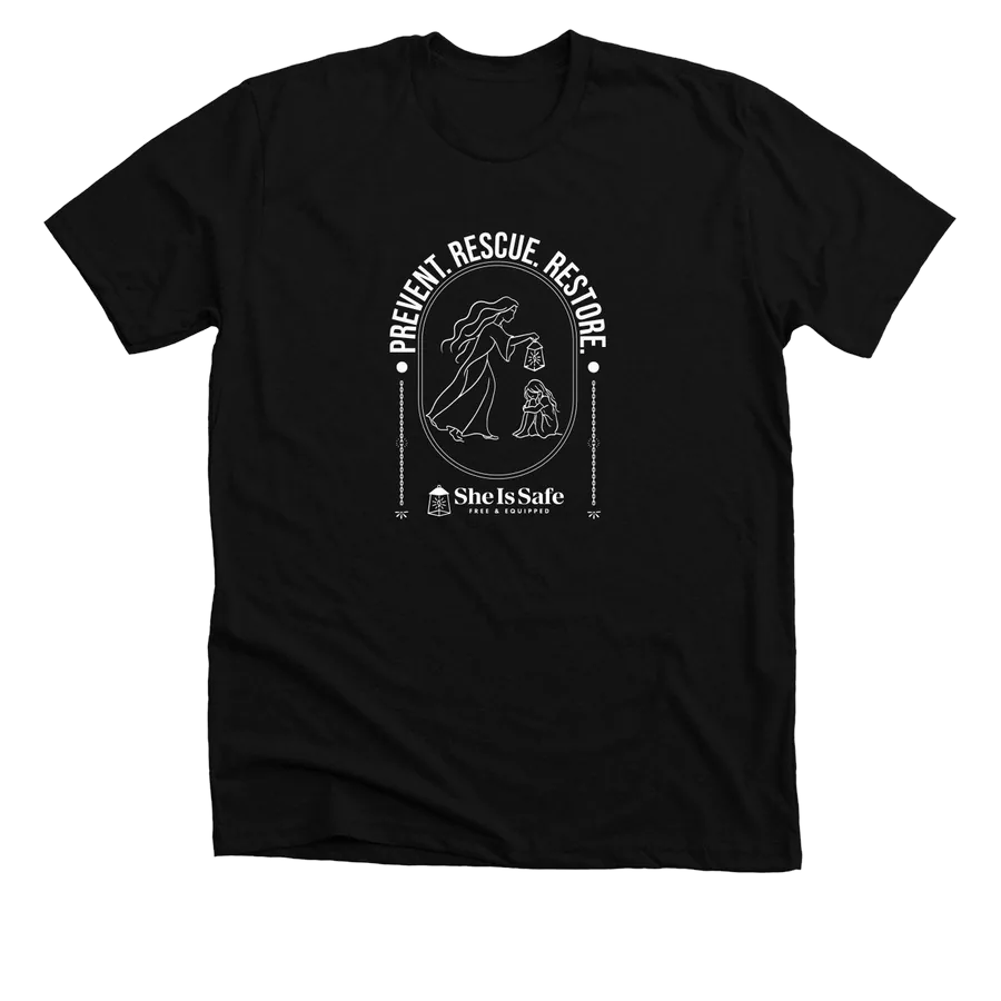 She Is Safe t-shirt printed with Prevent. Rescue. Restore. Clicking the shirt opens the Bonfire store in a new tab.