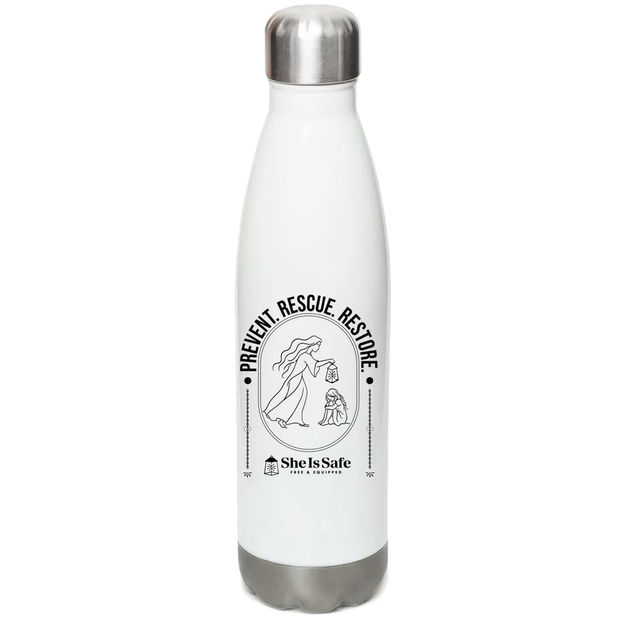 She Is Safe insulated water bottle printed with Prevent. Rescue. Restore. Clicking the bottle opens the Bonfire store in a new tab.